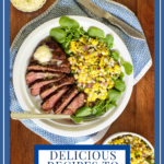 Vertical overhead photo of a white serving plate of Perfectly Grilled Steak with a text title box at the bottom of the photo.
