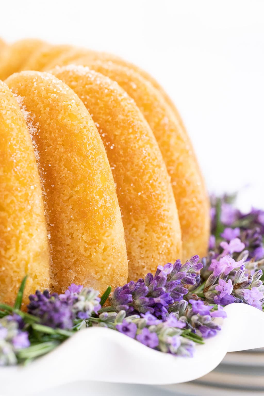 Vertical closeup photo of Ridiculously Easy Sugar-Glazed Ricotta Bundt Cake surrounded by fresh lavender and rosemary.