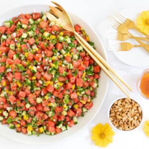 Horizontal overhead photo of a Thai Chopped Watermelon Salad in a white serving bowl.