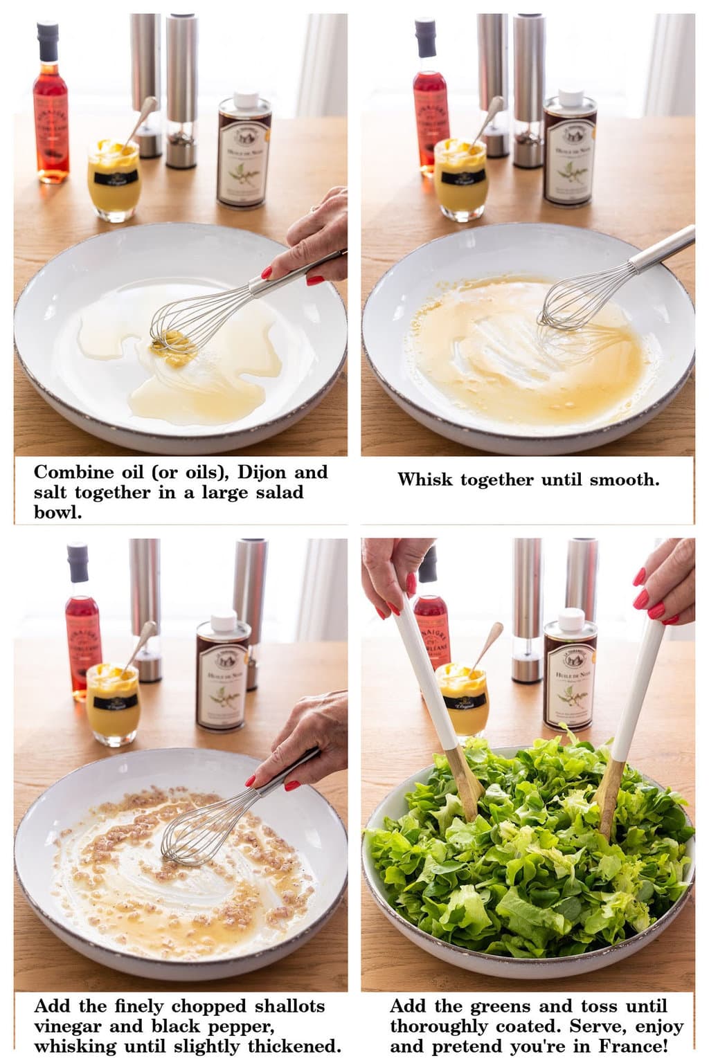 Four vertical photo collage of how to make a Classic French Bistro Salad with captioned steps.