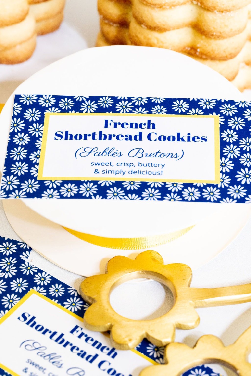 Vertical closeup photo of French Shortbread Cookies (Sablés Bretons) labels for gifting purposes.