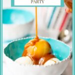 Vertical closeup photo of a dish of ice cream with Ridiculously Easy Caramel Sauce being poured on top.