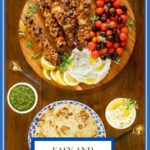 Vertical overhead photo of Overhead horizontal photo of Middle Eastern Chicken with Toum on a wood table with bowls of condiments and a plate of homemade pita bread.
