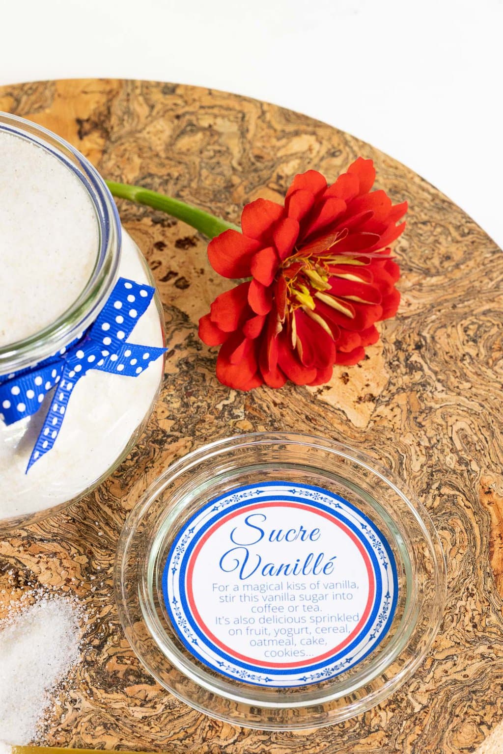 Vertical closeup photo of a custom French Vanilla Sugar (Sucre Vanillé) label for gift giving.