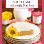 Vertical photo of a slice of Ridiculously Easy Butterscotch Sheet Cake on a white serving plate with gold edging.