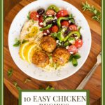 Vertical overhead photo of Greek Chicken Meatballs in a white serving bowl.