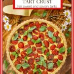 Vertical overhead photo of a French Ricotta Tomato Tart with a title graphic at the top of the photo.