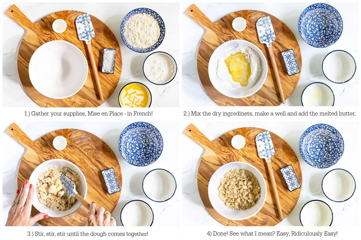 Four photo collage of steps for mixing together a Ridiculously Easy Easy Press-In Tart Crust.