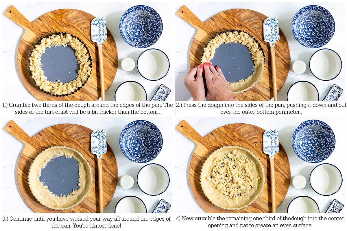 Four photo horizontal collage demonstrating how to press in a crust for Ridiculously Easy Easy Press-In Tart Crusts.