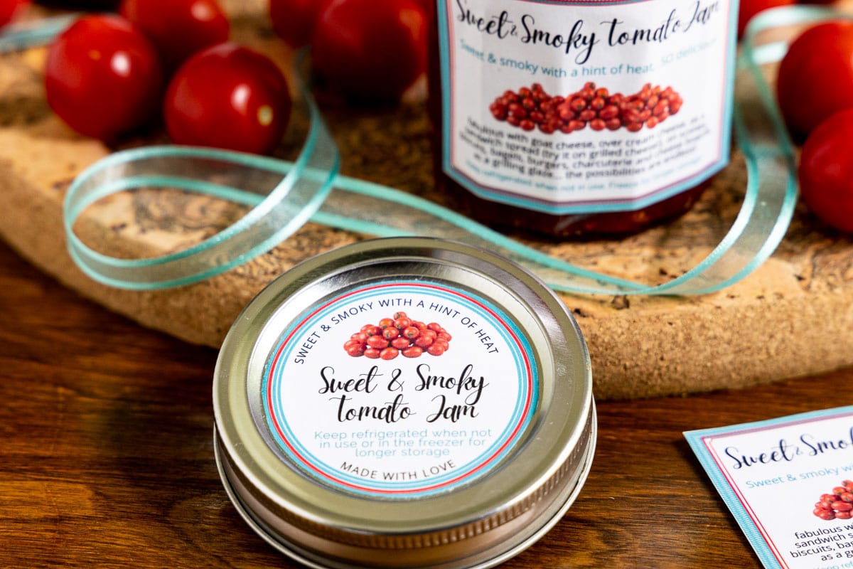 Horizontal closeup photo of gift labels for Sweet and Smoky Tomato Jam.