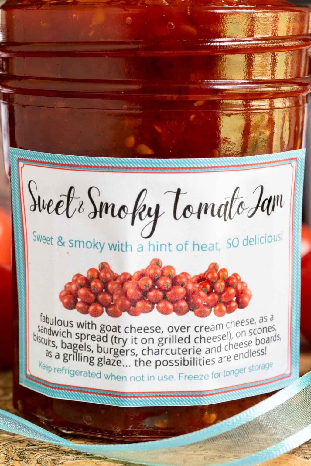 Vertical extreme closeup photo of a gift label for Sweet and Smoky Tomato Jam.