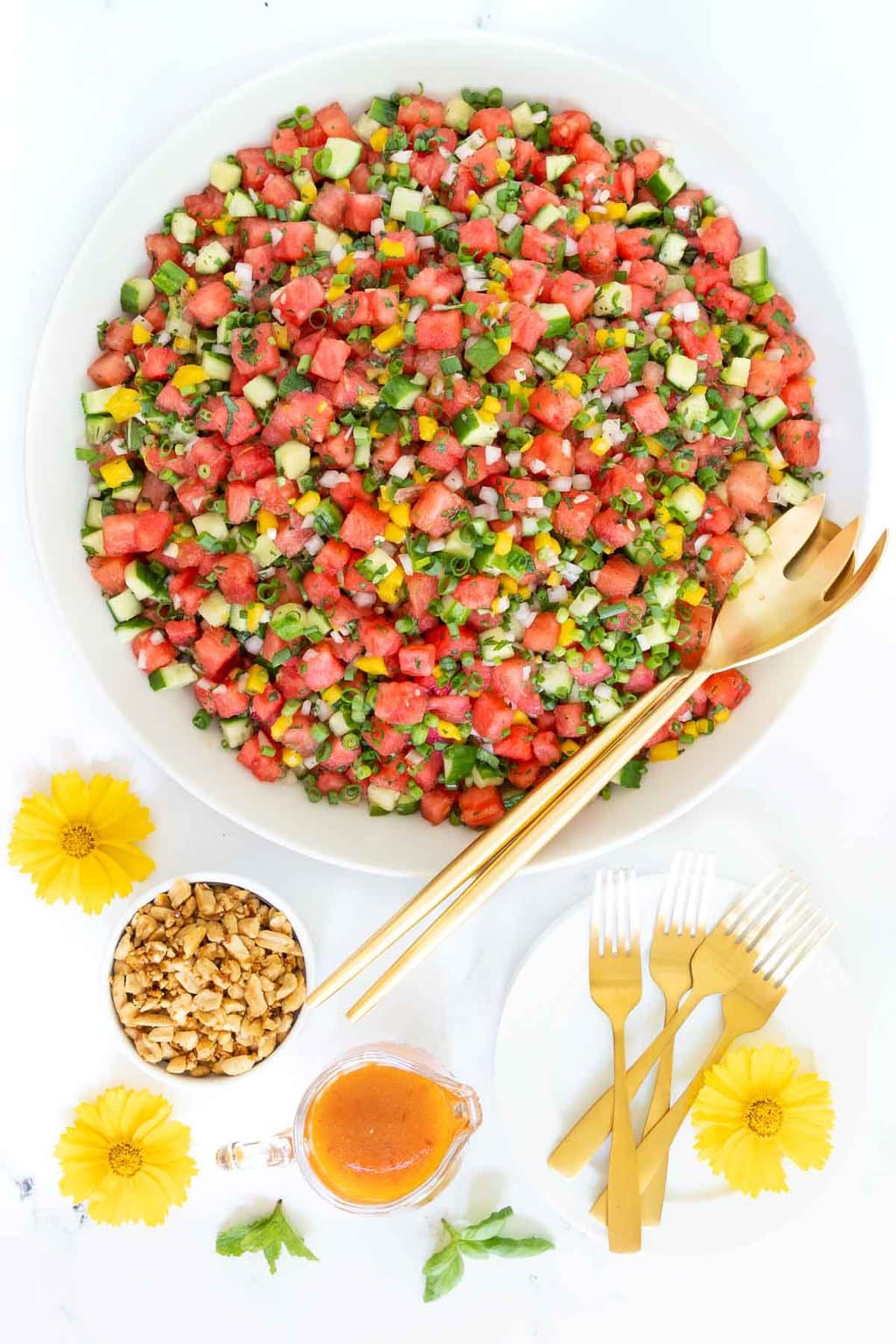 Overhead vertical photo of a serving dish of Thai Chopped Watermelon Salad.