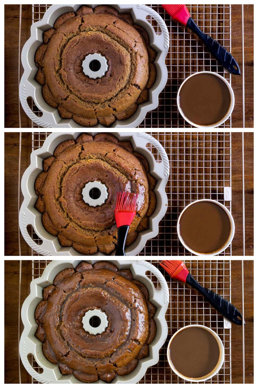 Vertical overhead 3-photo collage demonstrating how to glaze a Ridiculously Easy Butterscotch Glazed Pumpkin Bundt Cake.