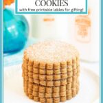 Vertical closeup photo of a stack of Belgian Shortbread Cookies with a title graphic in a rectangular box at the top of the photo.