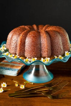 Horizontal photo of a Ridiculously Easy Apple Cider Bundt Cake on a turquoise glass pedestal cake stand.