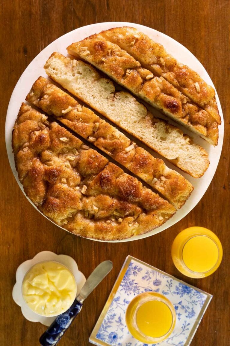 Vertical overhead picture of Apple Cinnamon Focaccia Bread cut into slices