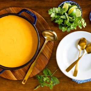 Horizontal overhead photo of a pot and serving bowl of Roasted Coconut Butternut Squash Soup on a wood table.