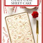 Vertical overhead photo of a Ridiculously Easy Candy Cane Sheet Cake surrounded by candy canes and Christmas straws.