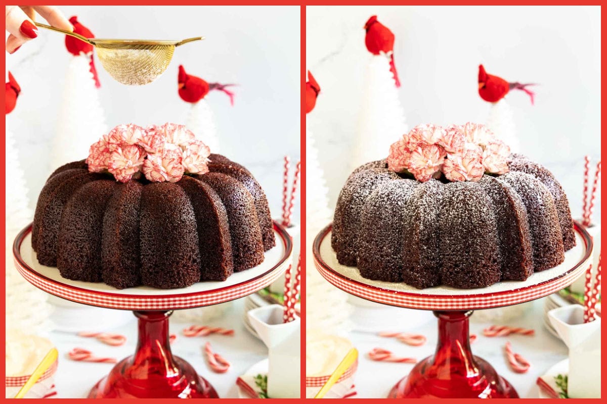 Two photo vertical collage of aRidiculously Easy Peppermint-Glazed Red Velvet Bundt Cake with powdered sugar being sprinkled on top.
