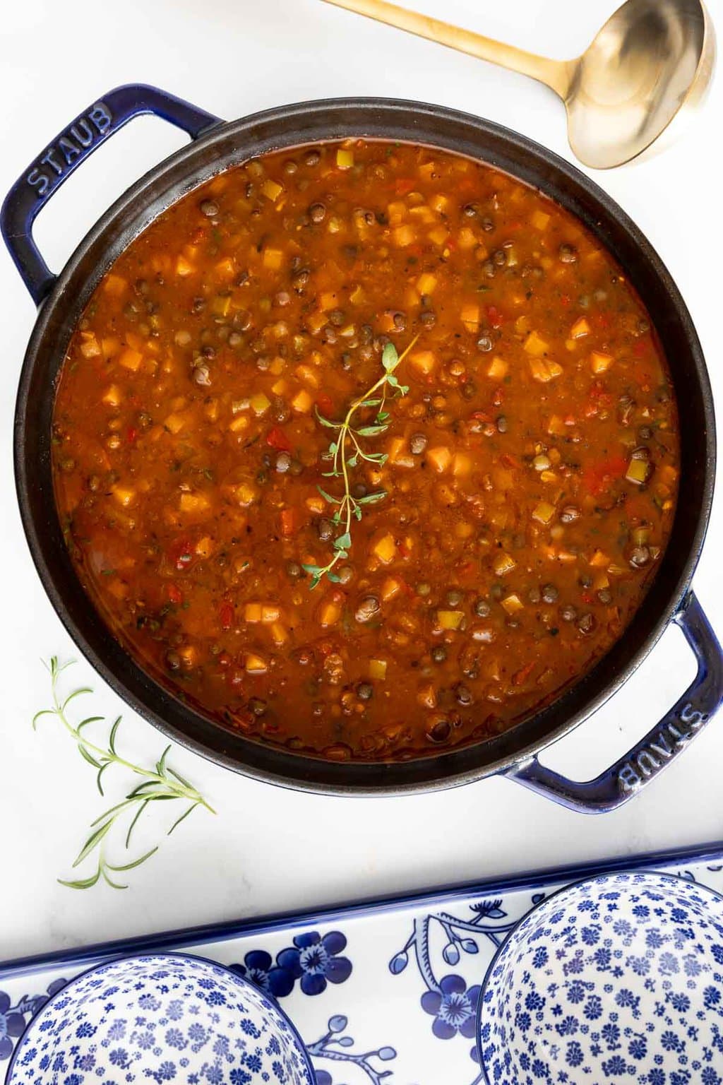 Vertical overhead photo of a Staub cast iron pot of French Lentil Soup.