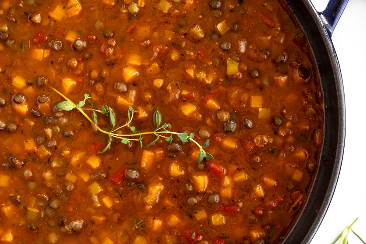 Horizontal overhead closeup photo of a pot of French Lentil Soup.