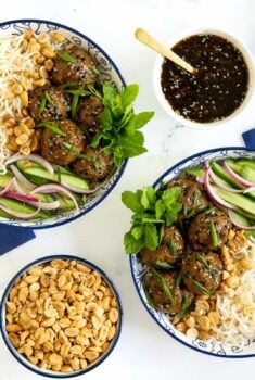 Horizontal overhead photo of two bowls of Ginger Scallion Meatballs with Potsticker Dipping Sauce with rice, marinated cucumbers and onions, fresh herbs and peanuts.