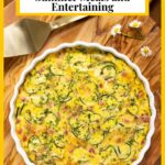 Vertical overhead photo of a Southwestern Zucchini Ham Crustless Quiche on a round wood cutting board.