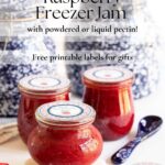 Labeled jars of homemade raspberry freezer jam with text overlay reading “Raspberry Freezer Jam – with powdered or liquid pectin! Free printable labels for gifts.” Surrounded by fresh raspberries, spoons, and printed gift labels.