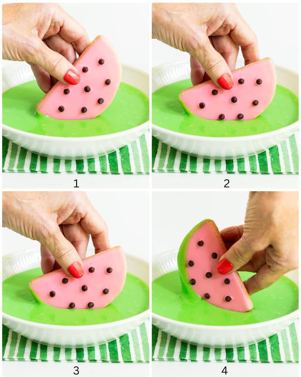Vertical four-photo collage demonstrating how to put the green (rind) icing on Watermelon Shortbread Cookies.