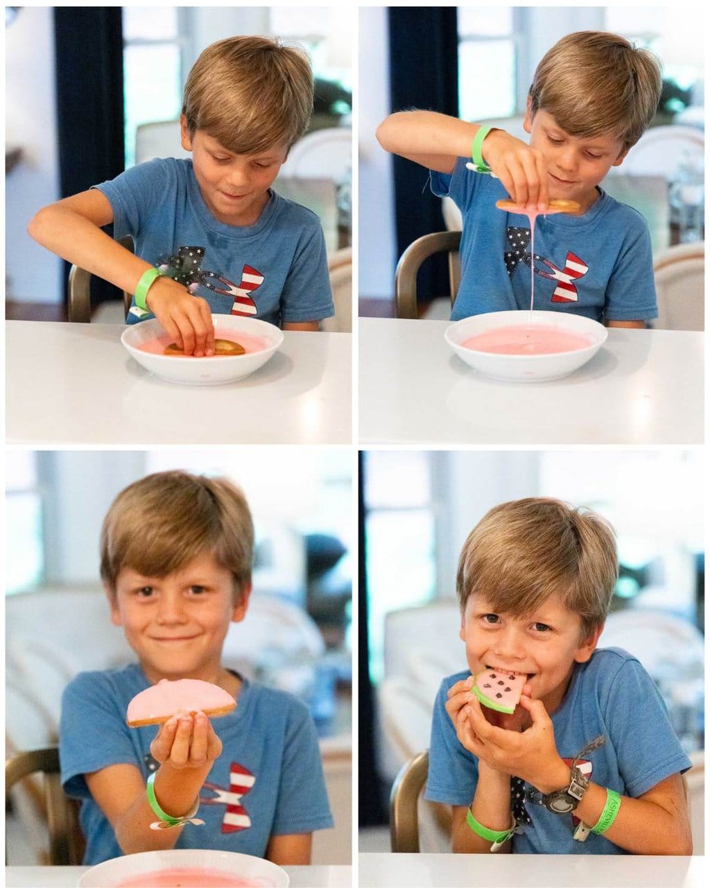 Vertical four-photo collage demonstrating how to use the Dip, Drip and Flip cookie decorating technique for making Watermelon Shortbread Cookies.