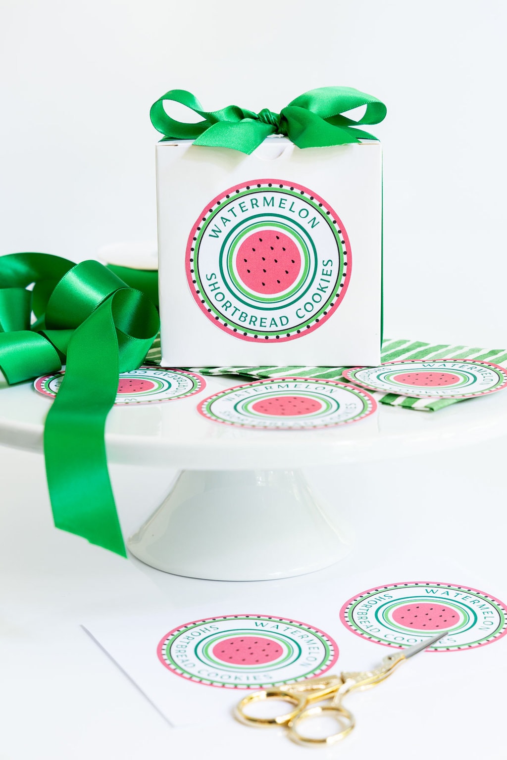 Vertical photo of custom Watermelon Shortbread Cookie labels for gift giving.