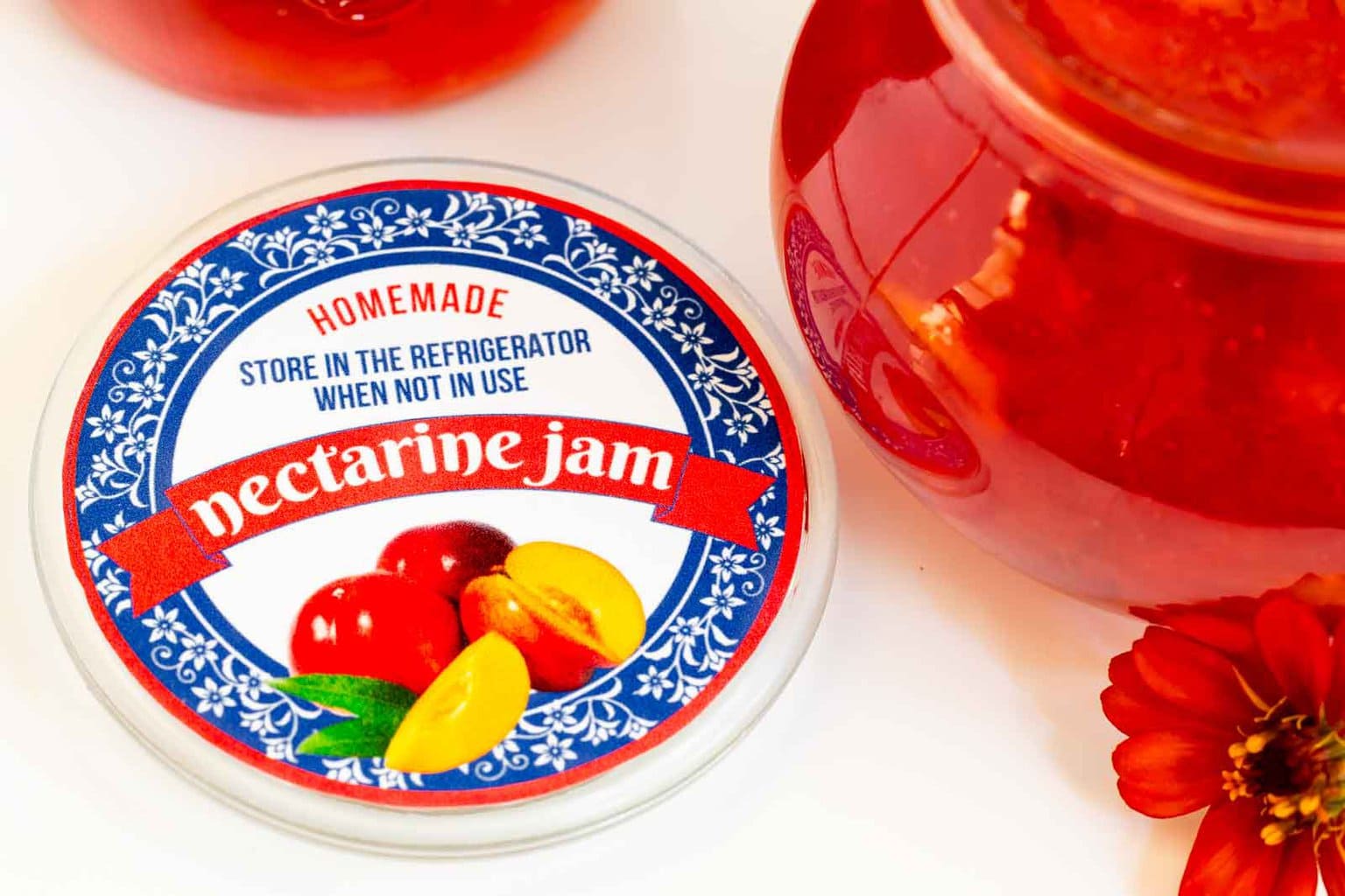 Horizontal closeup photo of a custom Fresh Nectarine Jam label for gift giving.