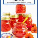 Vertical photo of a batch of jars of Fresh Nectarine Jam with custom labels for gift giving. A text title box is at the top of the photo.