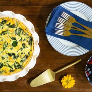 Horizontal overhead photo of a French Bistro Spinach Quiche.