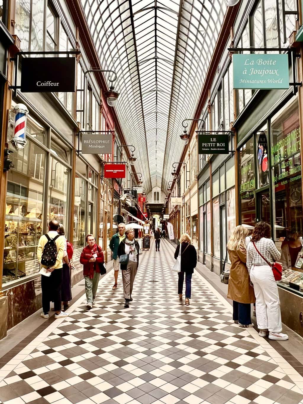 Vertical photo of one of Paris' many gallery's (indoor shopping/dining areas).