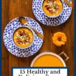 Vertical overhead photo of bowls of soup on a wood table.