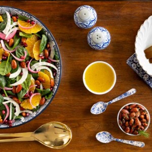 Horizontal overhead photo of an Orange Fennel Spinach Salad with Honey White Balsamic Dressing.