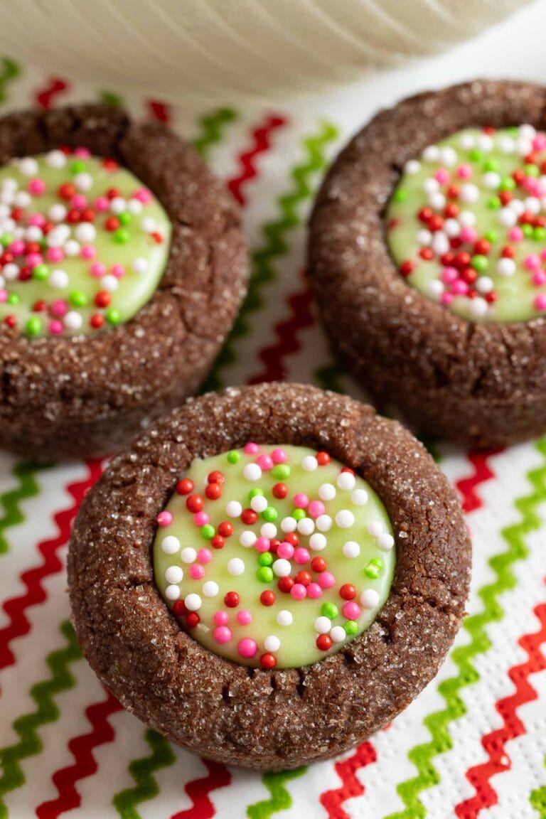 Peppermint thumbprint brownie bites with sprinkles.