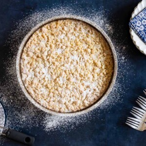 Horizontal overhead photo of an Italian Lemon Curd Ricotta Tart.
