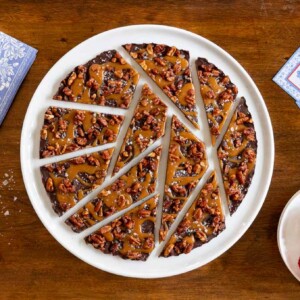 Horizontal overhead photo of a batch of Ridiculously Easy Chocolate Caramel Turtle Bark.