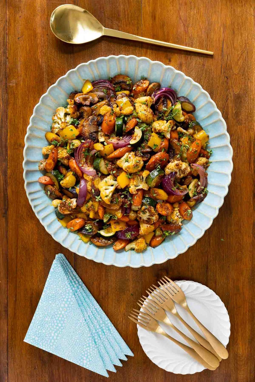 Maple Mustard Roasted Veggies in a light blue bowl.