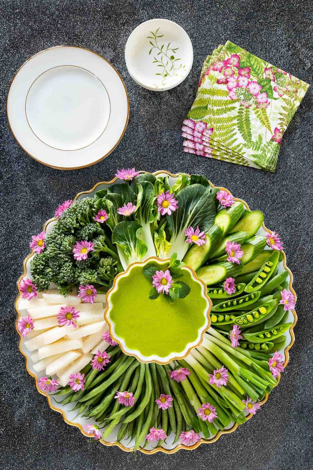 Green Goddess Dressing - thecafesucrefarine.com Overhead photo of a vegetable appetizer tray featuring Green Goddess Dressing.