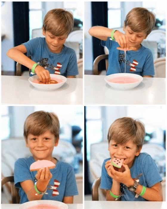 Vertical 4-photo collage of our grandson Drip, Dip and Flipping (and tasting!) Watermelon Shortbread Cookies.