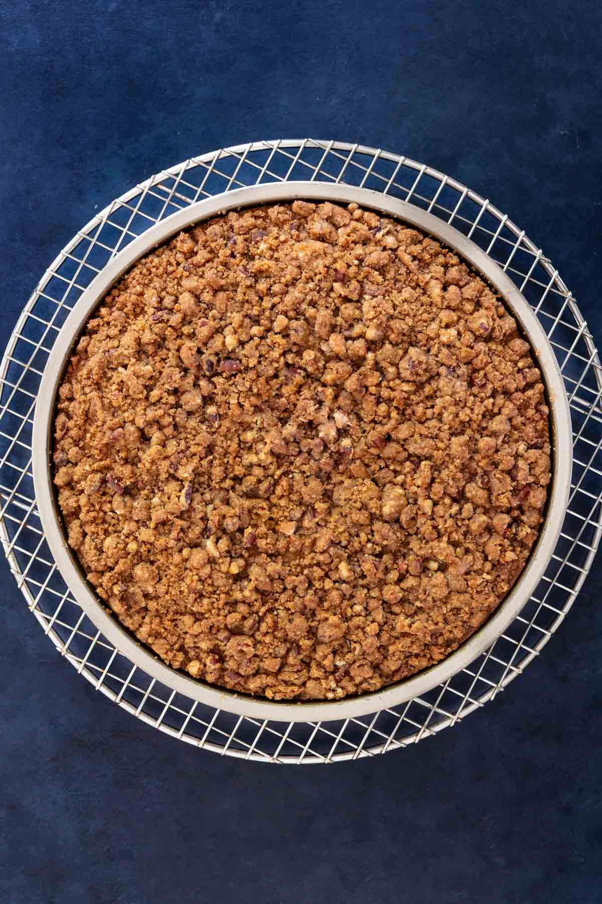 Overhead shot of blueberry coffee cake fresh out of the oven with a golden brown, craggy cinnamon streusel topping, cooling in a round pan on a wire rack