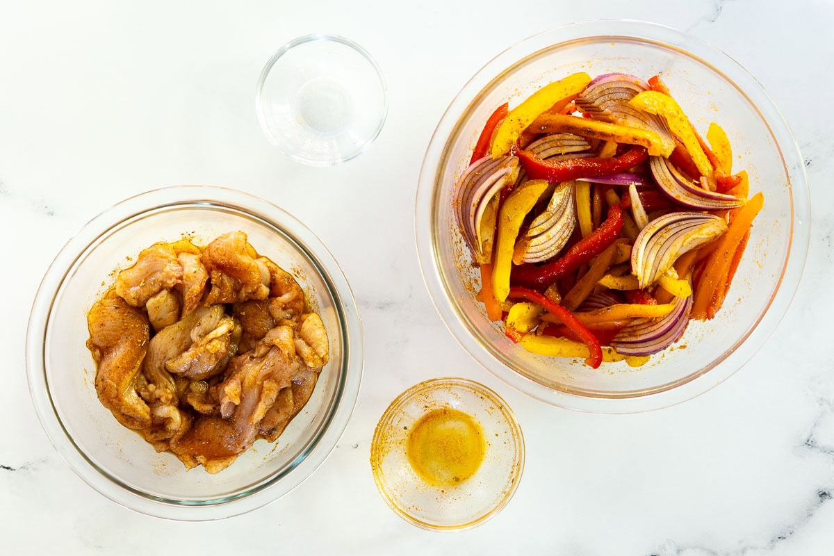 Overhead process photo for mixing and making Sheet Pan Chicken Fajitas.