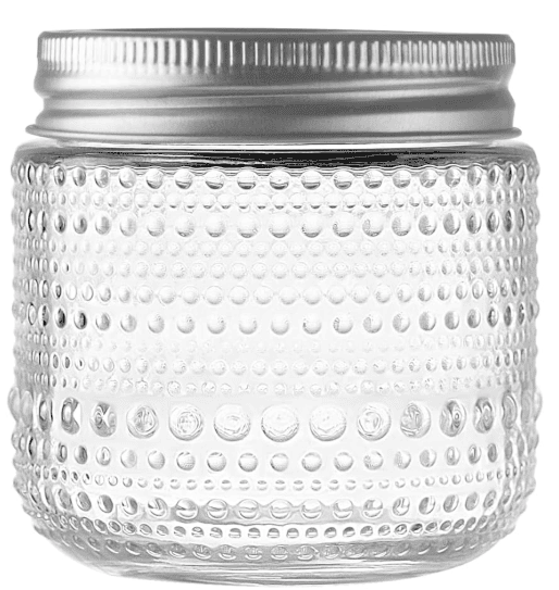 Beaded decorative wide 8oz jar with a silver lid.