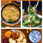 Collage pin featuring French mustard chicken, apple cranberry spinach salad, and a fall cheese board with pumpkin jam, titled “Let’s Have a Fall Dinner Party – 15 Easy, Make-Ahead Recipes”