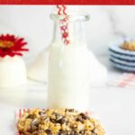 Chocolate chip magic cookies with coconut on a red plaid napkin, served with milk in a glass bottle and a red polka dot straw.