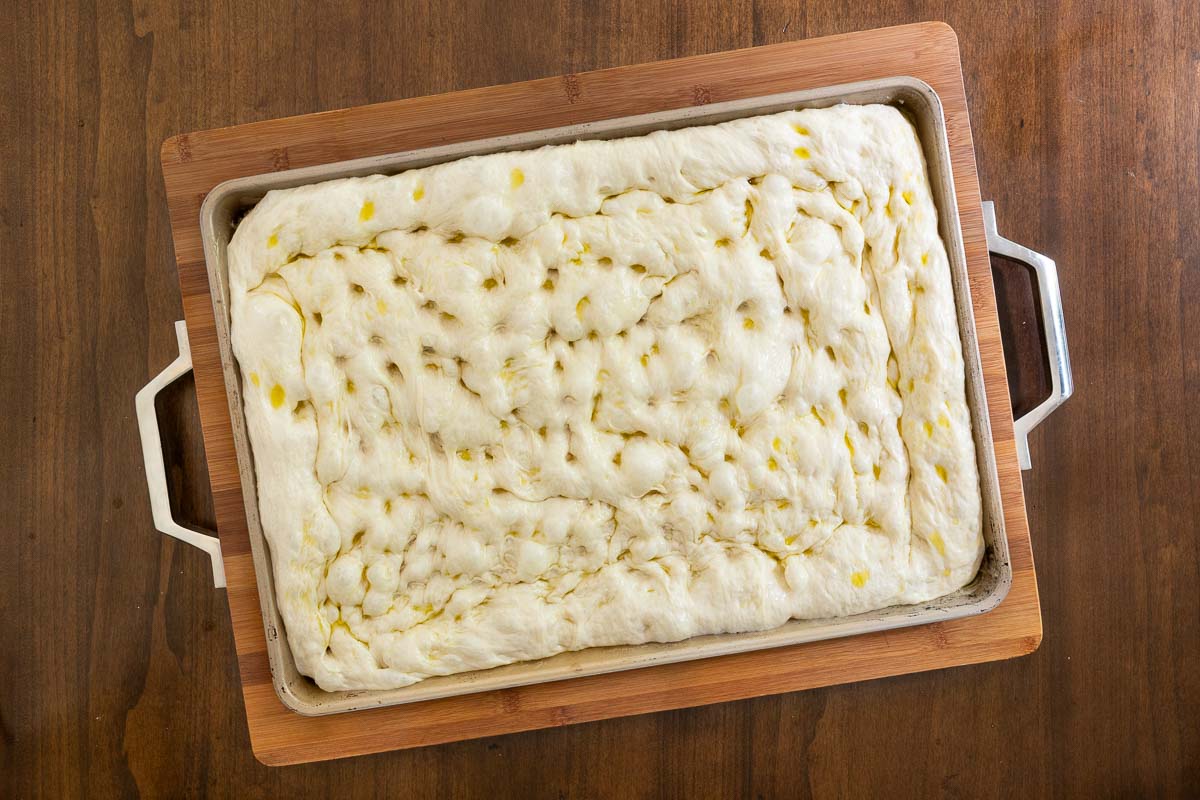 Risen focaccia dough dimpled with olive oil in a sheet pan, ready to bake the crust for Easy Sheet Pan Pizza Margherita