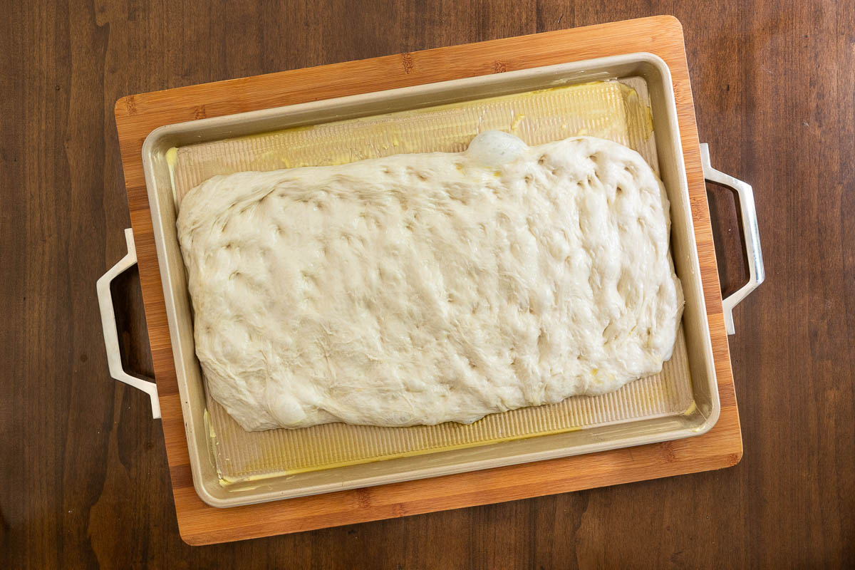 Focaccia dough spread in a sheet pan with dimples, ready to bake the crust for Easy Sheet Pan Pizza Margherita